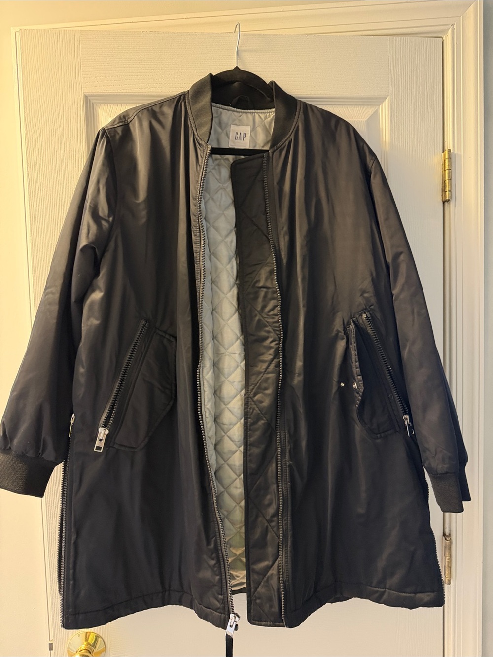 GAP Black Quilted-Lined Long Bomber Jacket